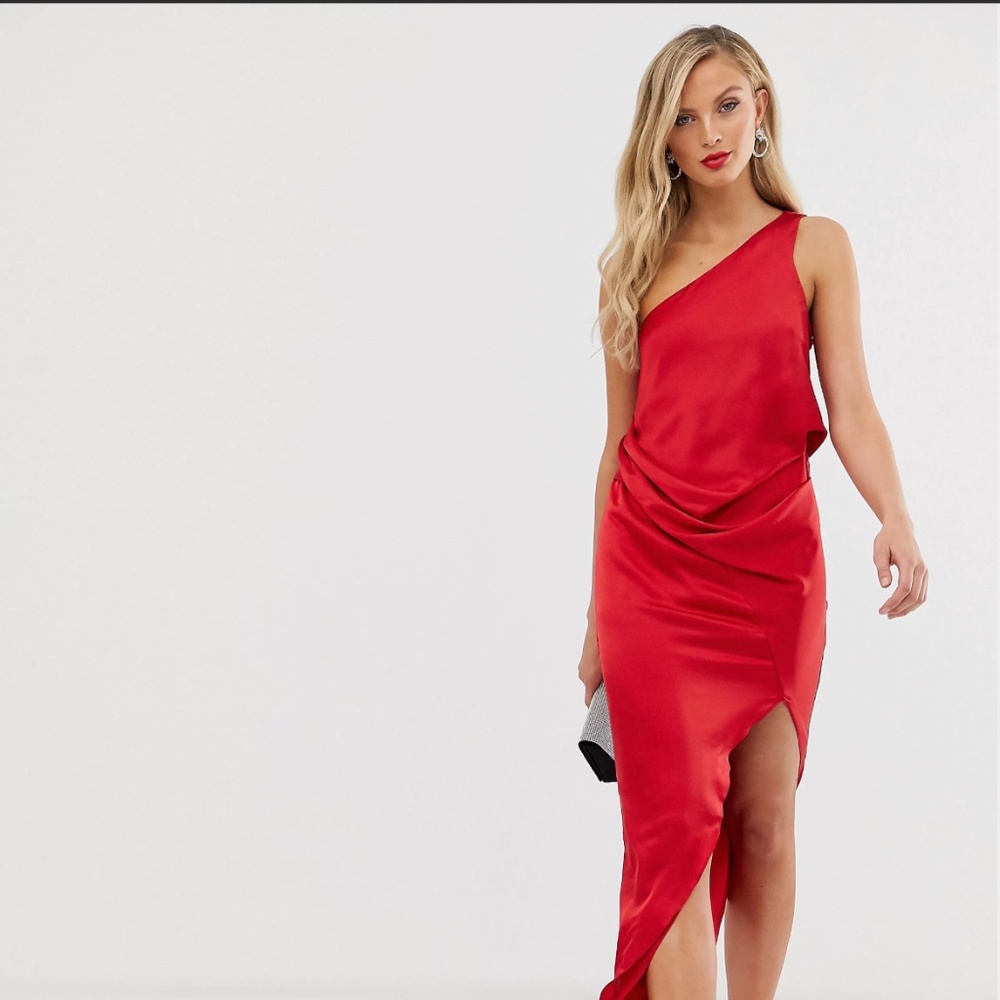 ASOS DESIGN satin one shoulder drape midi dress in red